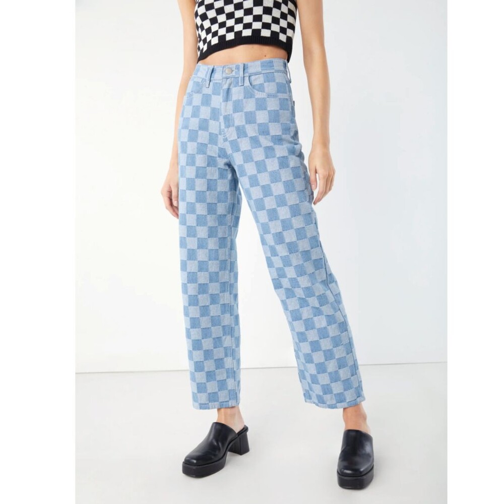 Oak + Fort Checkered Jeans Womens M 24x28 Blue Checkerboard Straight Leg Y2K